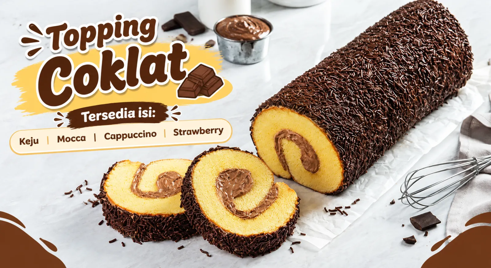Bolu Gulung Topping Coklat (tersedia isi : Keju, Mocca, Cappucino, Strawberry) - MERANTI -