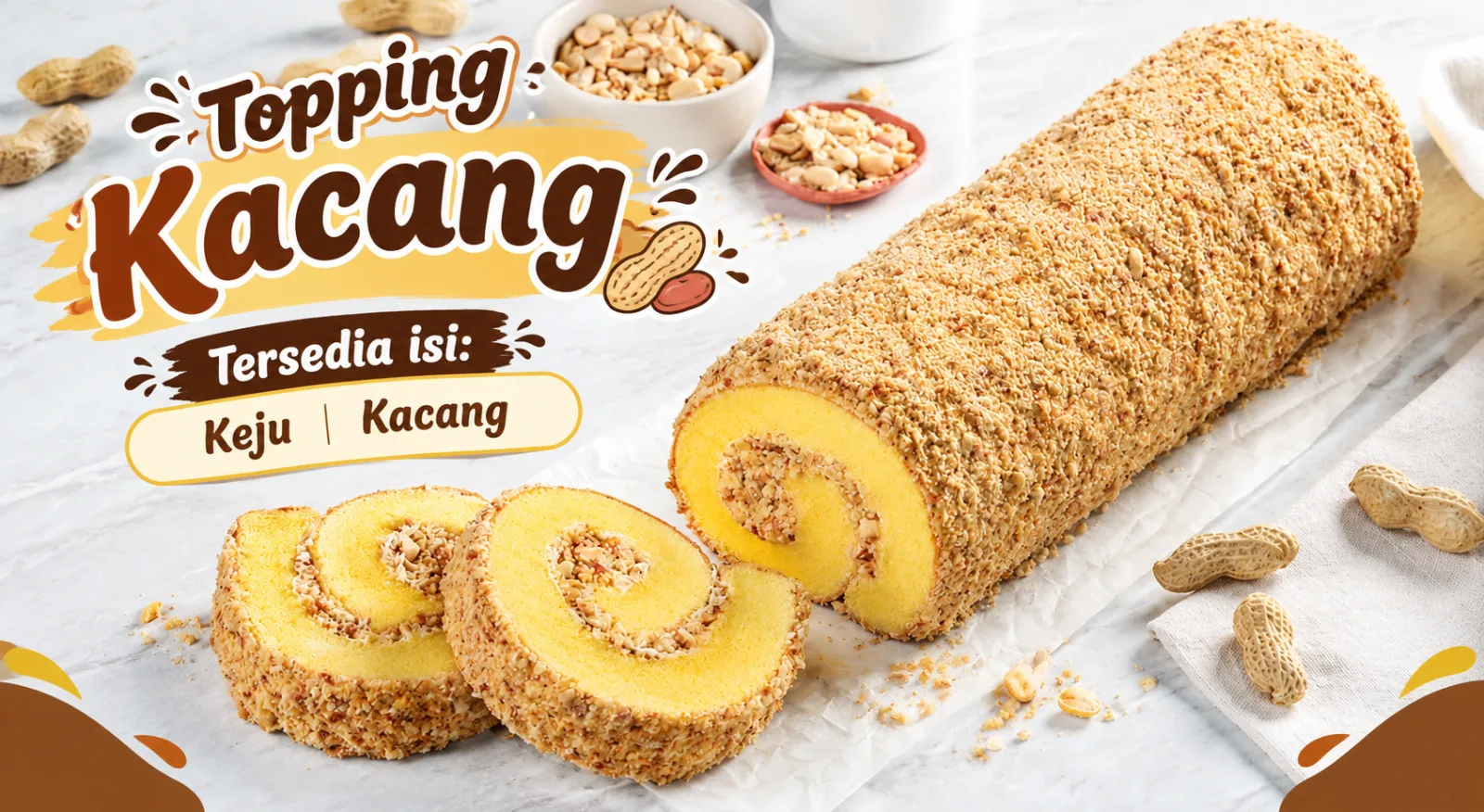 Bolu Gulung Topping Kacang (tersedia isi : Keju, Kacang) - MERANTI -