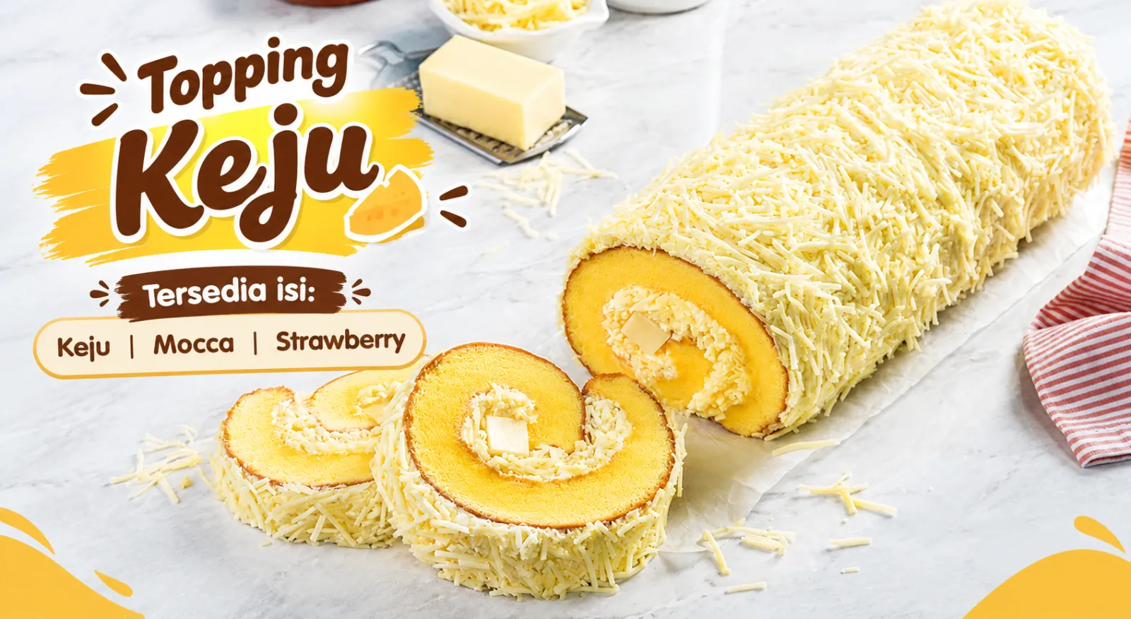 Bolu Gulung Topping Keju (tersedia isi : Keju, Mocca, Strawberry) - MERANTI -